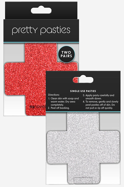 NS Novelties - Glitter Cross Pasties 2pcs - Silver & Red - OS